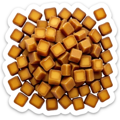 golden-brown sugar crystals, small pile or scatter, warm amber color, coarse, irregular, matte, lightly clumped, natural molasses content, no spoon, bowl, or packaging, soft lighting, subtle shadows, transparent background, emoji scale sticker