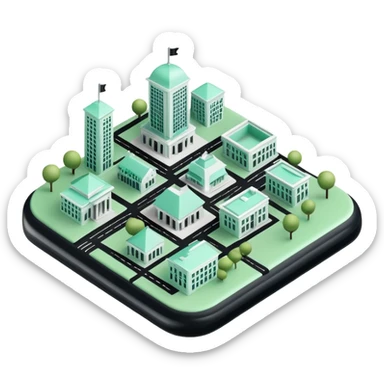 Collectivités Territoriales (Local Authorities), 3D techy icon with black and mint green (#B5F4D3) color scheme, regional map with administrative buildings sticker