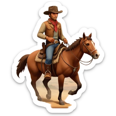 An icon representing an adventure game, inspired by Red Dead Redemption II. The design features a rugged cowboy riding a horse through a vast, open landscape with mountains, deserts, and wild animals. The atmosphere conveys exploration, action, and the thrill of the journey. Transparent background sticker