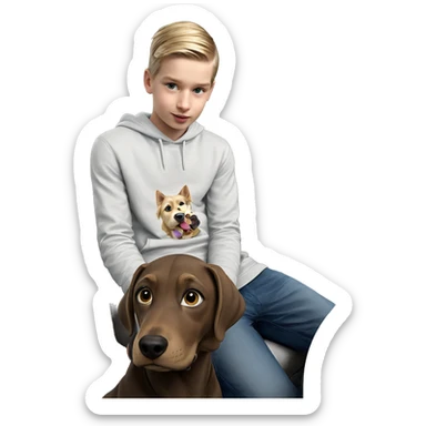 blonde boy with dog indoors sticker