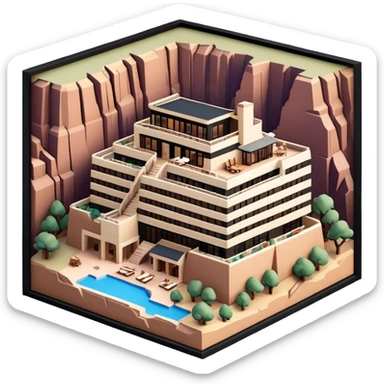Grand Canyon National Park lodge, isometric exterior, dollhouse-style, realistic sticker