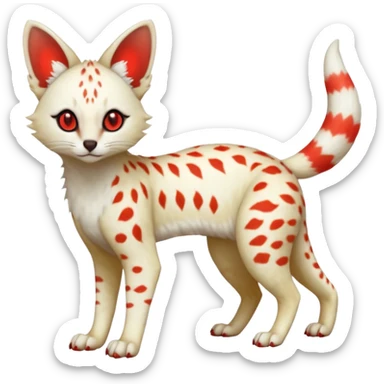 White Albino light spotted Serval-Civet-Genet-Trico-Furret-Linoone-Fakémon-Pokémon-animal-hybrid-fusion-creature (full body) with glowing red eyes, cute, elegant, soft, realistic, pastel fur sticker
