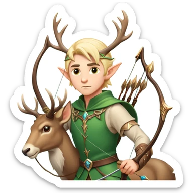 clash-of-clans-aesthetic-blond-male elf-archer-portrait-emoji, rendered in a flat, vector-style with minimal shading and bold holding his bow, simplified shapes, head tilted slightly forward with a determined, focused expression, riding a majestic stag whose antlers glow with mystical energy, set against an ancient, enchanted forest backdrop. sticker