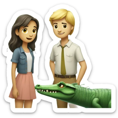 A girl and a guy meeting by and tree and behind the tree and a crocodile secretly watching sticker