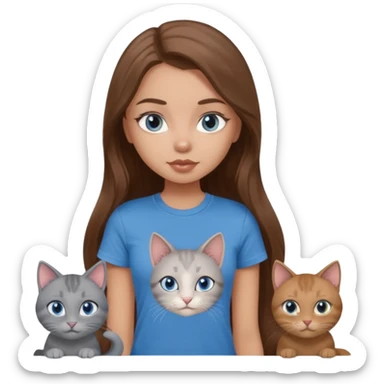 a pretty bratz dusky light skin girl with long brown hair, blue eyes with six cats nd wearing a grey tshirt sticker