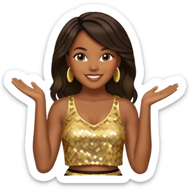 LeToya Luckett with dark brown long hair, gold sequin crop top  sticker