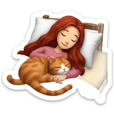Girl  with  long dark red  hair  cuddling cat  in  bed  while napping sticker