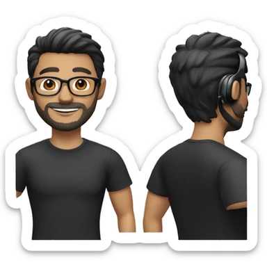 Create a Memoji-style avatar of a man with short black hair, glasses, and a beard. He is smiling and wearing a black shirt. He also has a pair of headphones around his neck. sticker