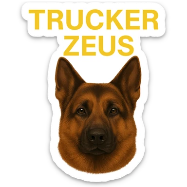 Convert the image to JPEG format with a white background if transparency is not supported. Keep the realistic German Shepherd and yellow 'Trucker Zeus' text. Maximize compression for smallest file size. sticker