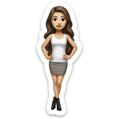 hyperrealist caucasian, long brown hair, brown eyes, woman, white decollette tank top, gray tight mini skirt, black high heels, full height sticker