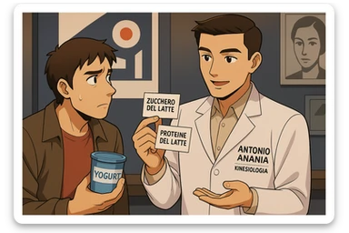 fai un webtoon manga a colori con questo stile, in cui un uomo ASCOLTA Il kinesiologo con il camice bianco (fagli anche la scritta "ANTONIO ANANIA" SUL CAMICE, IL KINESIOLOGO SPIEGA ALL'UOMO UNA COSA TENENDO DUE FOGLIETTINI IN MANO, UNO CON LA SCRITTA "ZUCCHERO DEL LATTE" E UNA CON LA SCRITTA "PROTEINE DEL LATTE". L'UOMO OSSERVA LO YOGURT CHE HA IN MANO CON ESPRESSIONE DUBBIOSA IN VOLTO. non fare i fumetti però, fai solo in modo che sembri stiano parlando sticker