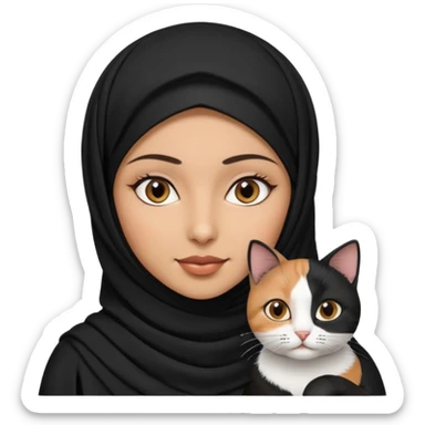A Arabic woman human with brown eyes and black hijab. , the human is a human, two cats, the both cats is blackwhite,,  NO CAT EARS ON THE HUMAN ,  sticker