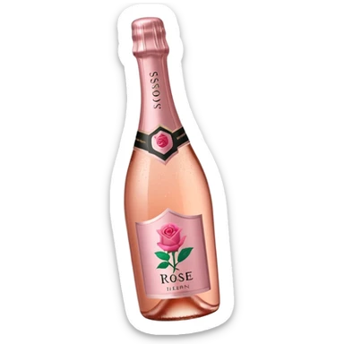 bottle of sparkling rosé with a rose logo on the label, angled to the left, no glass sticker