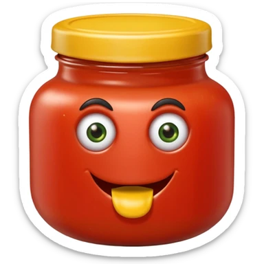 Un tarro de salsa de tomate y un tarro de salsa de mostaza al uno al lado del otro, los dos tarros con ojos sticker