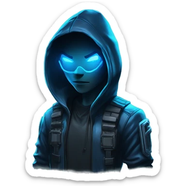 developer behind his laptop with this style : crysis Cyberpunk Riot Games Valorant neon glowing bright blue character blue black hooded assassin themed character sticker