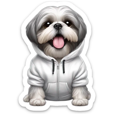 grey shih tzu tongue out with white dinosaur hoodie sticker