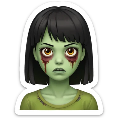 Uma zumbi com os cabelos pretos, mediano, liso e com franja, olhos castanhos sticker