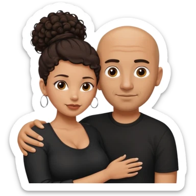 A picture of a tanned couple with the man's arm on her. the man is a Mexican man with tanned skin, a bald hair cut, short beard and wearing a black shirt. the woman is mixed, with curly dark brown hair in a messy bun and with big boobs  sticker
