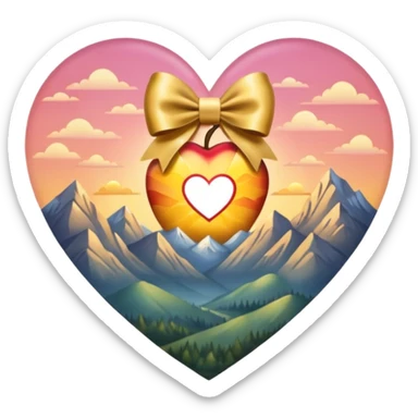 heart with a sunrise over mountains, gold bow with heart pattern on the bow, apple emoji style sticker
