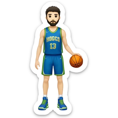 Full Body  white male basketball player with short shaggy dark hair and gold tee beard wearing blue and green uniform sticker