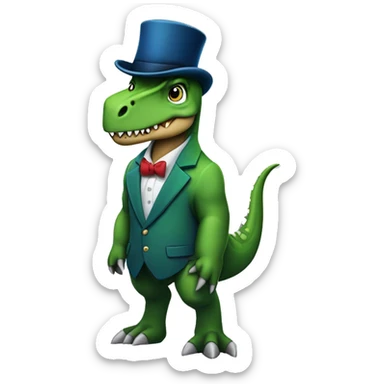 A dinosaur wearing a blue blazer dino green colour and has a top hat on with a horse and 2 lamce logo on both blazer snd hat and the dino is terex side facing view just like apple emojis sticker