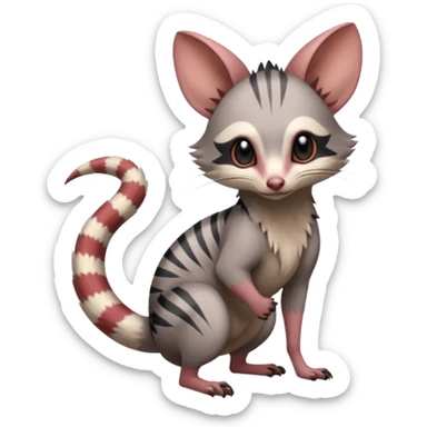 Minccino-Opossum-Numbat-Lykoi-Sphynx-Zangoose-fusion-hybrid-animal-Fakémon-creature, full body, thin long sleek scaly tail, intricate markings sticker