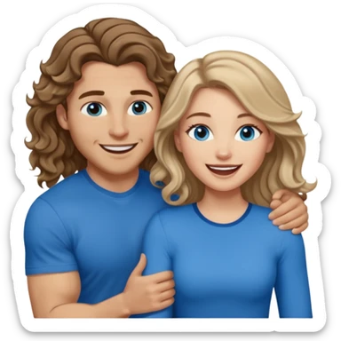 Women with blue eyes and very long, brown blond balayage curled hair in the arms of a man with strong arms a straight face, a very sexy man blue eyes. They are laughing at each other. He has short brown hair and is light skinned  sticker