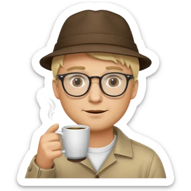 glasses blonde man drink coffe with hat  sticker