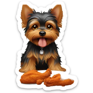 Evil Yorkie with fiery eyeballs eating a giant piece of fried chicken sticker