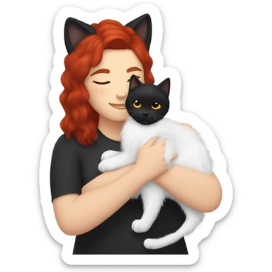 black fluffy cat and white woman with red hair cuddling sticker
