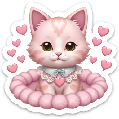 A pastel pink kitten with heart-shaped markings, a lace ribbon collar, surrounded by floating hearts. sticker