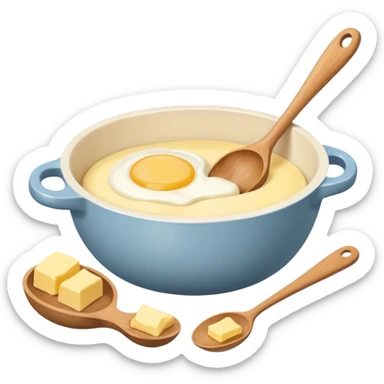 A cream ceramic baking bowl with a wooden spoon in it, next to it is a carton of eggs and butter sticker