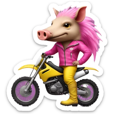 Razorback wearing yellow clothes with pink boots on a black dirt bike sticker