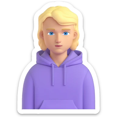 blonde man with blue eyes wearing a lilac hoodie sticker