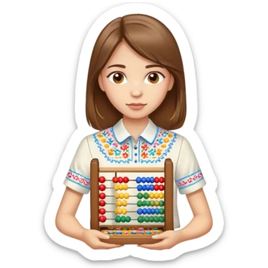 A Ukrainian girl with brown hair in an embroidered shirt holds an Abacus sticker