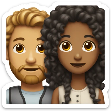 Light brown skin girl with black hair next to white man with brown curly hair and a beard sticker