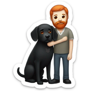 a serious slender man with a red beard hug a black Labrador sticker