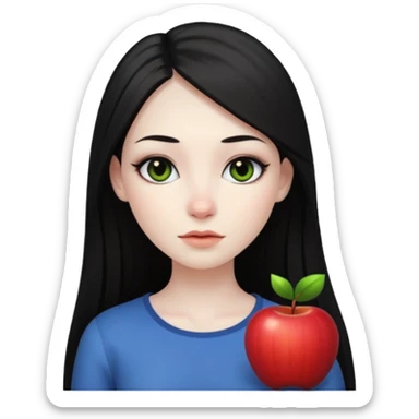 девушка с очень бледной кожей, темными длинными прямыми волосами без челки и черными макияжем глаз в стиле Apple avatar  sticker