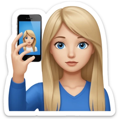 young woman with long straight dark blond hair, side bangs, and blue eyes. She is taking a selfie with an iphone  sticker