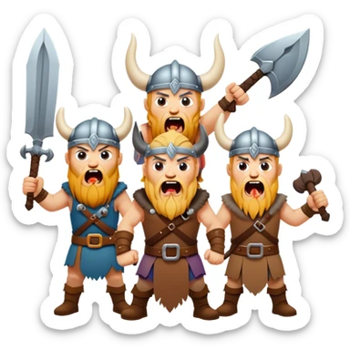 three different Vikings scream, weapons in their hands, realistic sticker