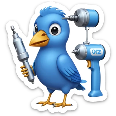 A blue Twitter bird holding a large drill sticker
