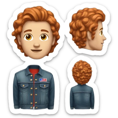 a young white man in a jean jacket and bills jersey with short wavy red hair sticker