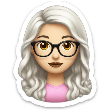 girl programmer with black long wavy hair and white skin and pink lipsand big eyes and Iranian face with rounded glasses sticker