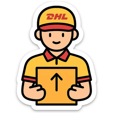 DHL delivery driver in yellow and red uniform holding a package, simple background, icon style sticker