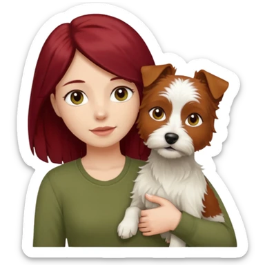 white terrier dog being held by woman with dark red long hair and hazel eye wearing olive green top sticker