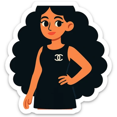 light skin girl with black very long curly hair, brown eyes, black Chanel dress, vibrant toon style sticker