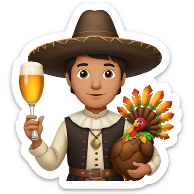 Mexican man dressesd as  Thanksgiving pilgram holding a large drumstick and Corona beer sticker