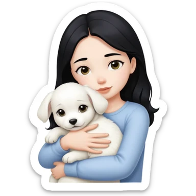One black hair girl hugging pure white puppy sticker