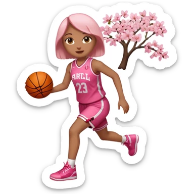 full body apple-style emoji of a basketball girl, April theme cherry blossom energy, jersey with cherry blossom vibe, holding a basketball, no cherry blossom trees or petals sticker
