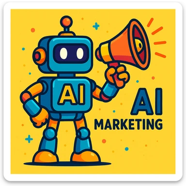 robot with megaphone symbolizing AI-powered marketing, vibrant tech-inspired style, vibrant toon style sticker